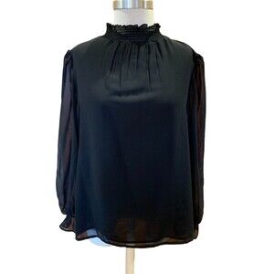 New Black Semi Sheer Smocked Neck Bishop Sleeve Blouse Sz XXL NWT Soft Romance